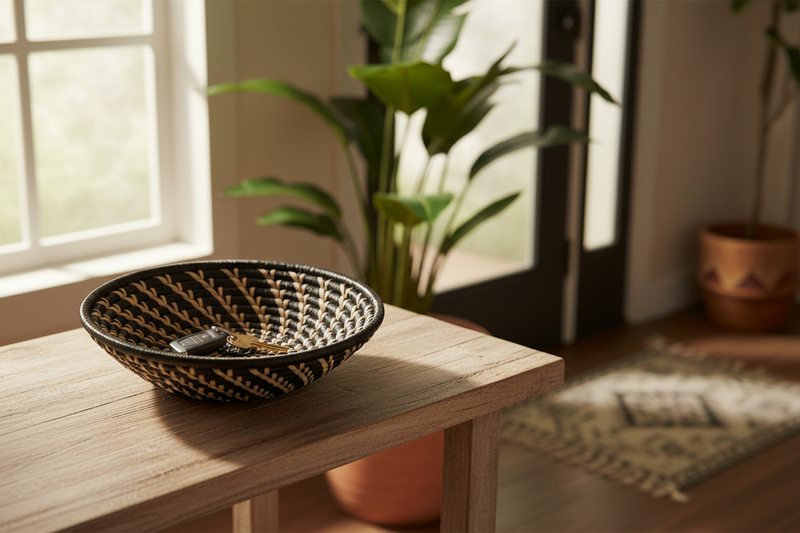 Handwoven catchall basket styled in an entryway