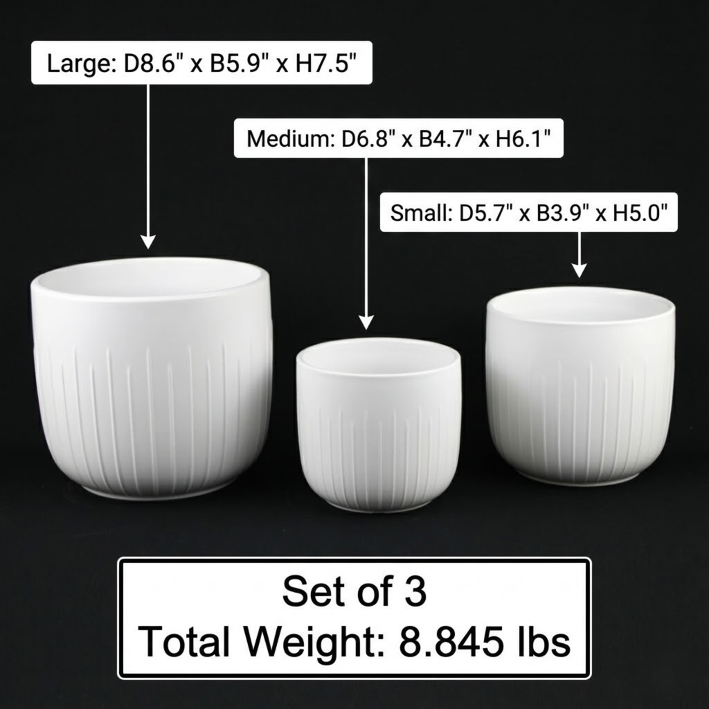 White Stoneware Planters — Set of 3
