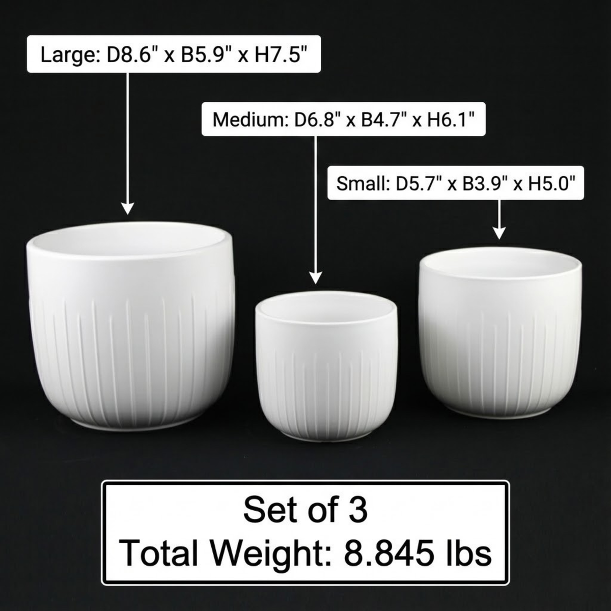 White Stoneware Planters — Set of 3