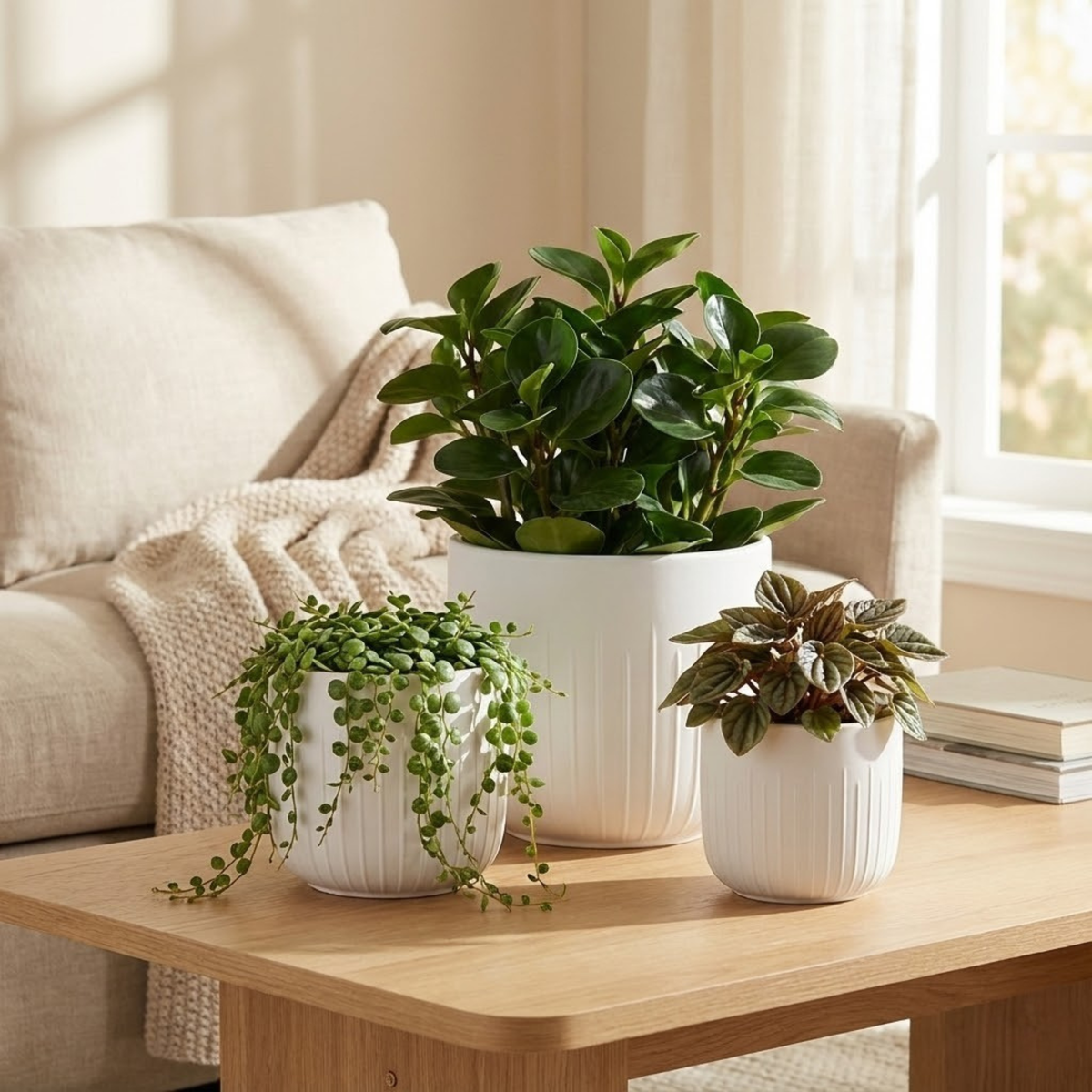 White Stoneware Planters — Set of 3
