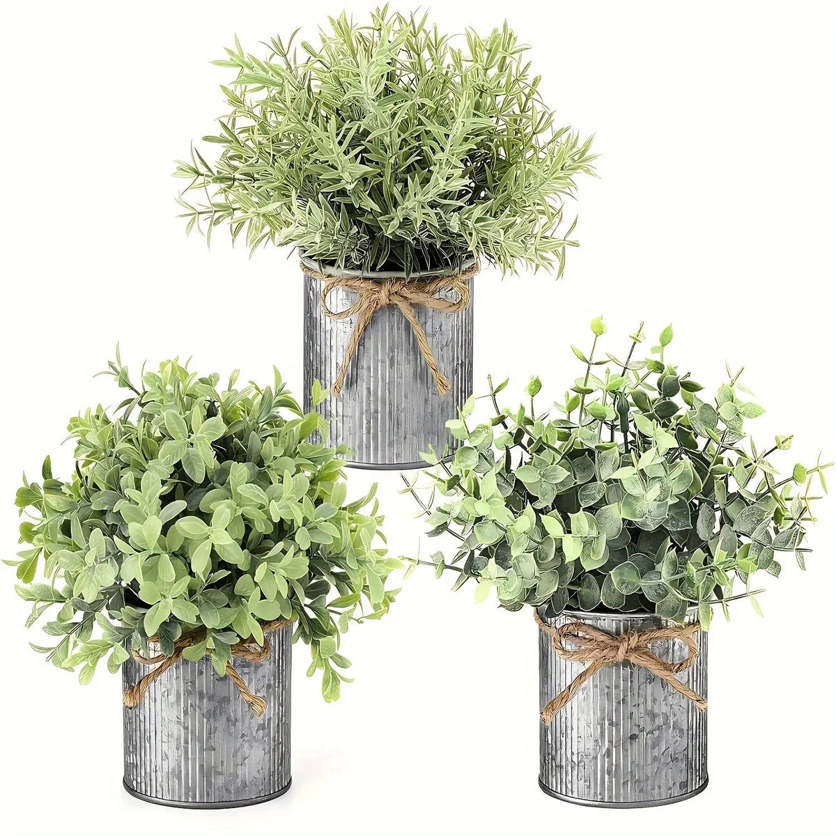 3pcs potted artificial eucalyptus tree, galvanized flower pot desktop center decoration suitable for shelves, offices, rural home decoration