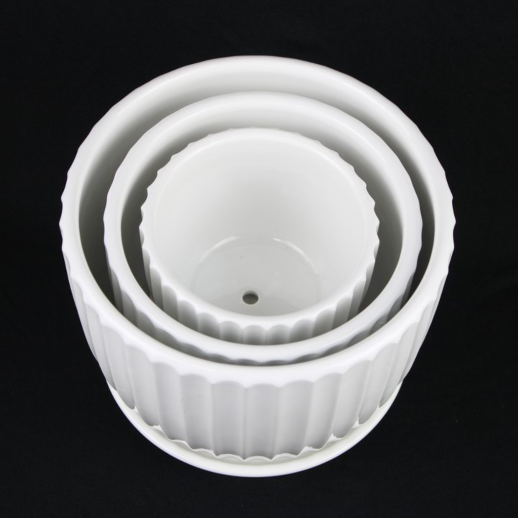 White Fluted Ceramic Planters — Set of 3