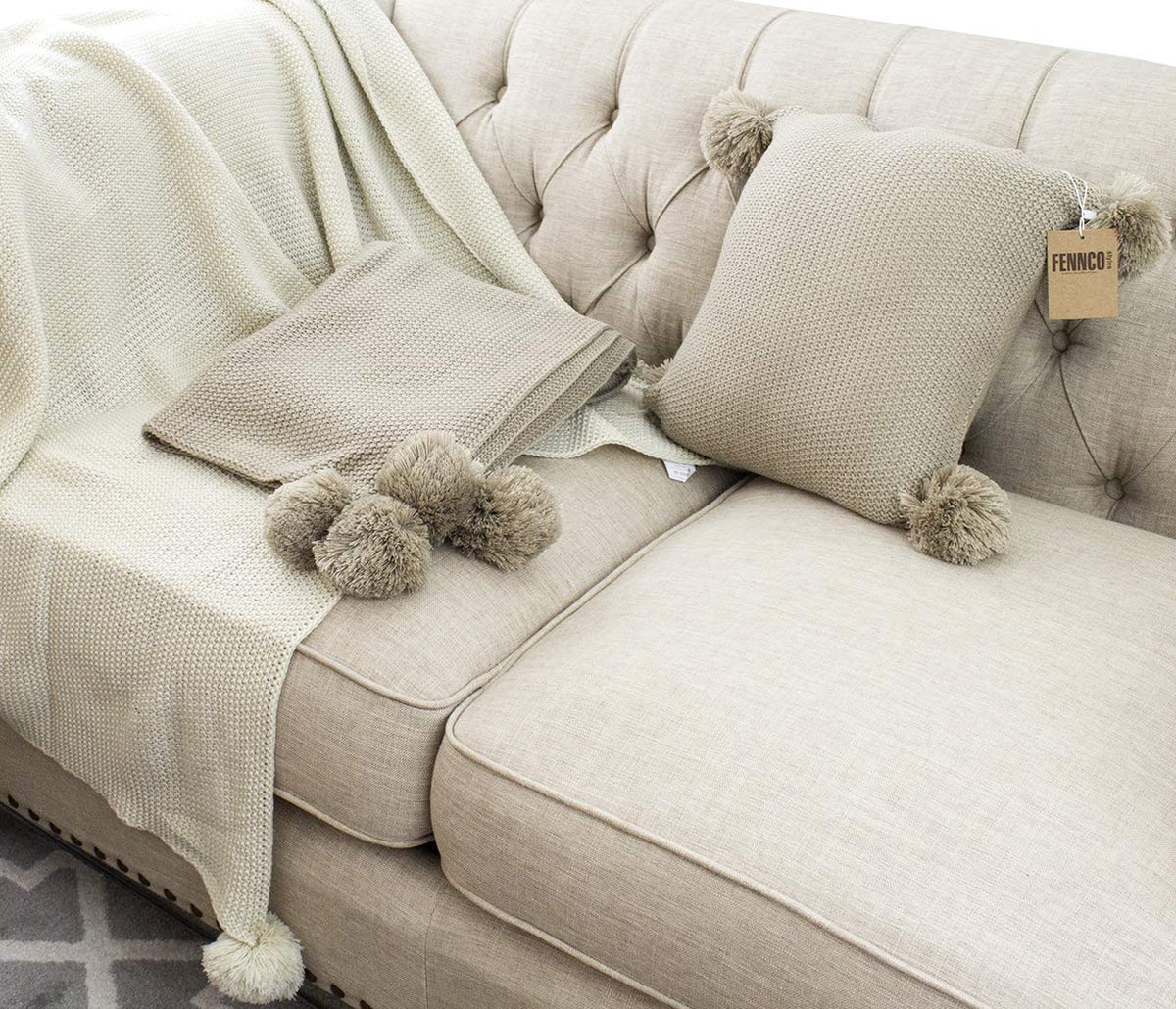 Natural Chunky Knit Pom Throw