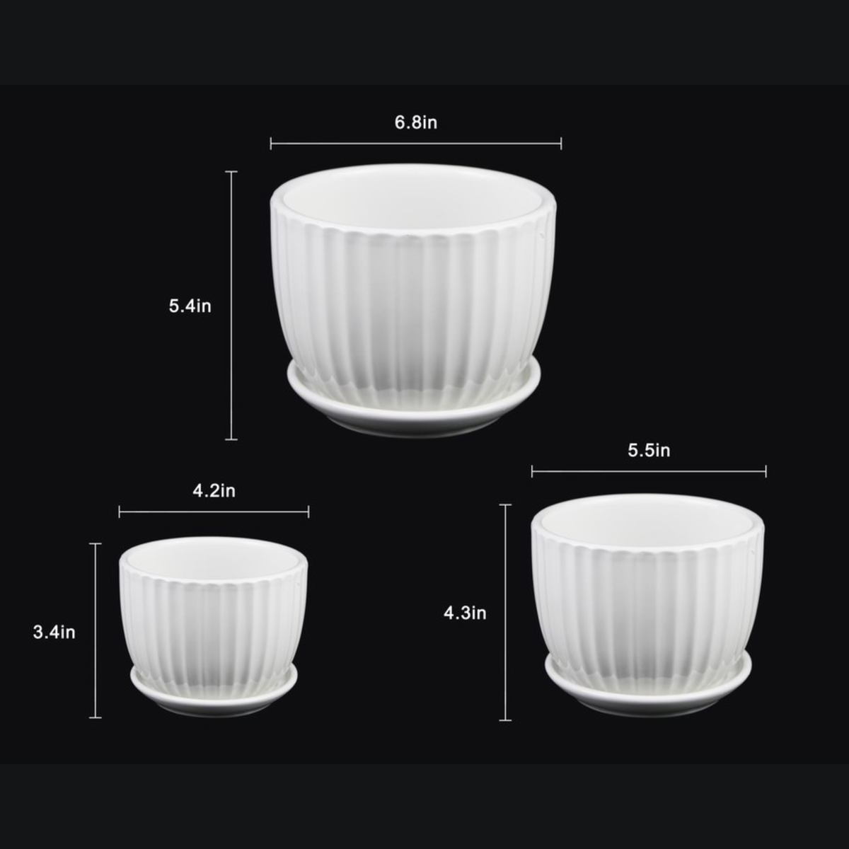 White Fluted Ceramic Planters — Set of 3