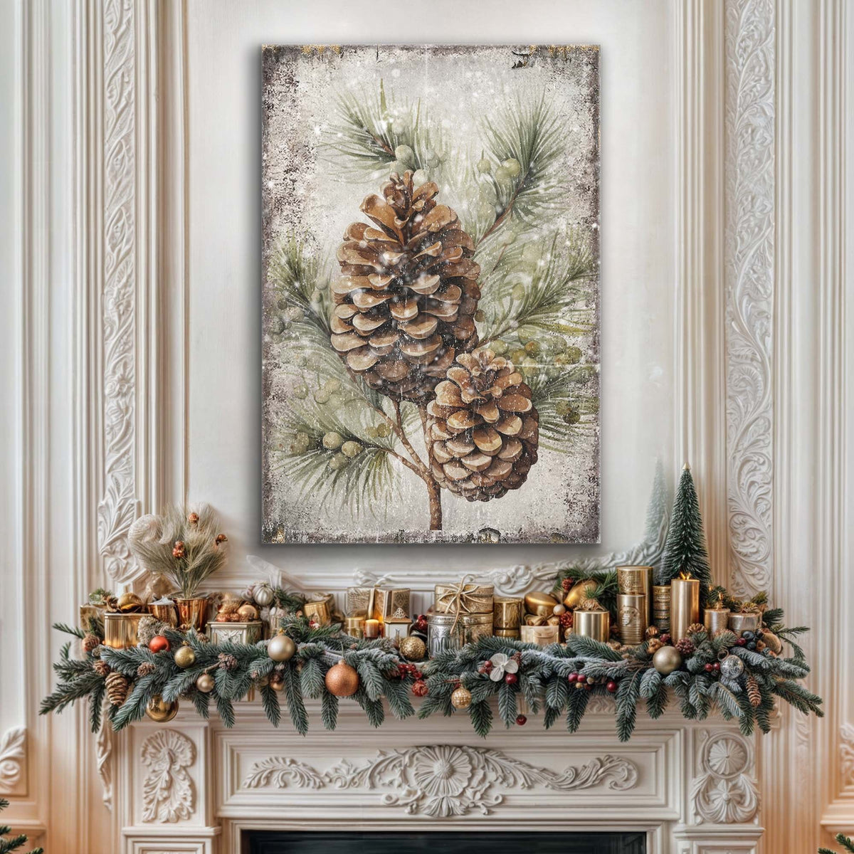 Vintage Winter Pine Cone Canvas