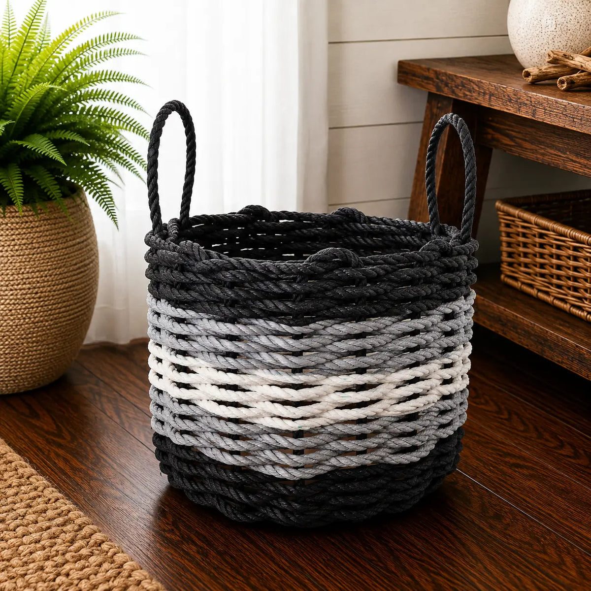 Black, Gray & White Striped Rope Basket