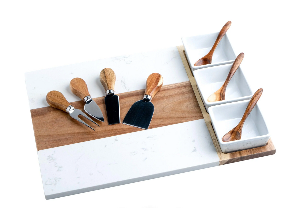 Marble and Acacia Charcuterie Board Set — 16.25 in.