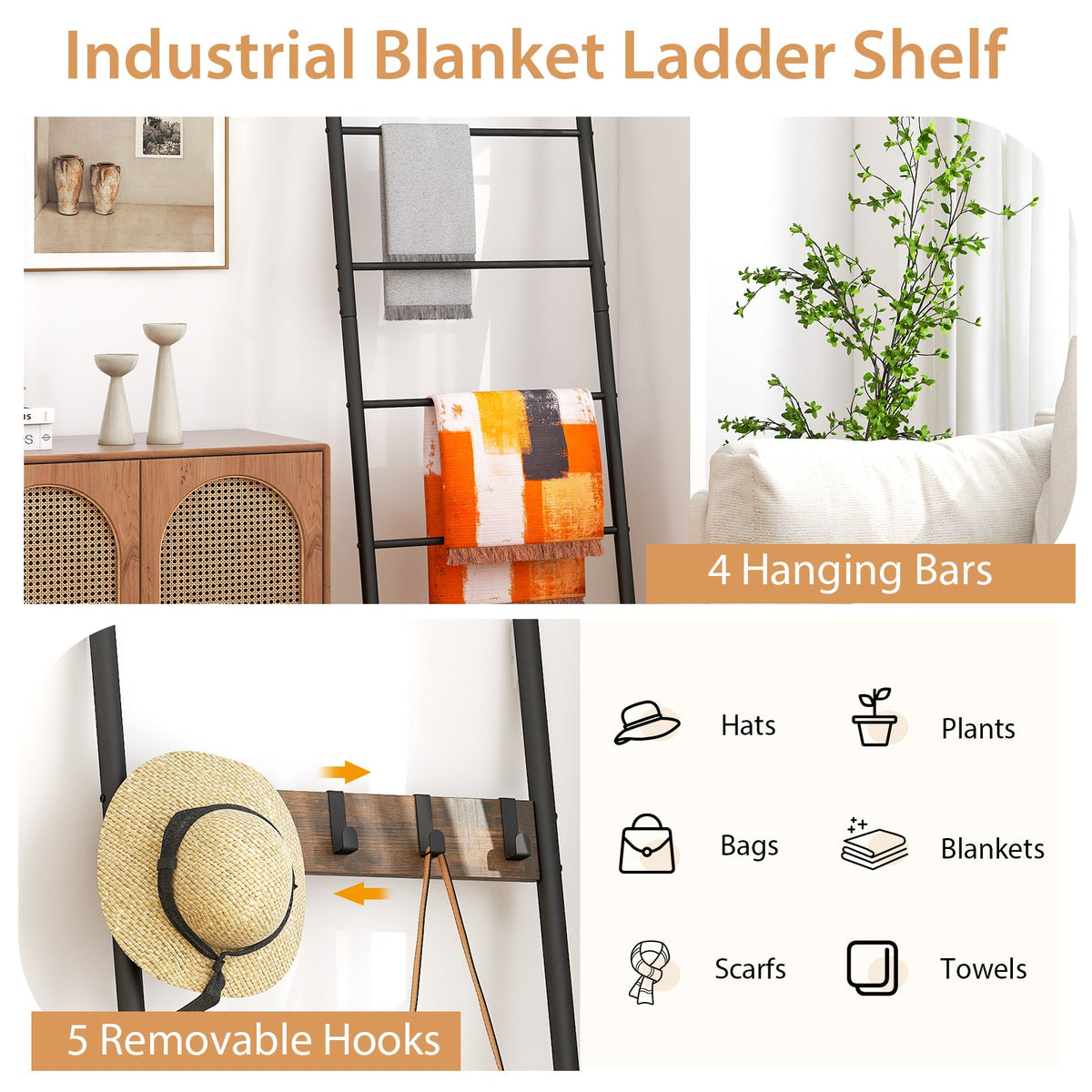 Decorative Blanket Ladder with Hooks
