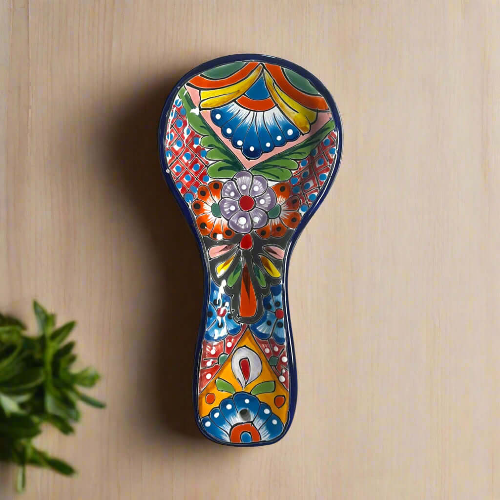 Hand-painted Talavera spoon rest — kitchen view