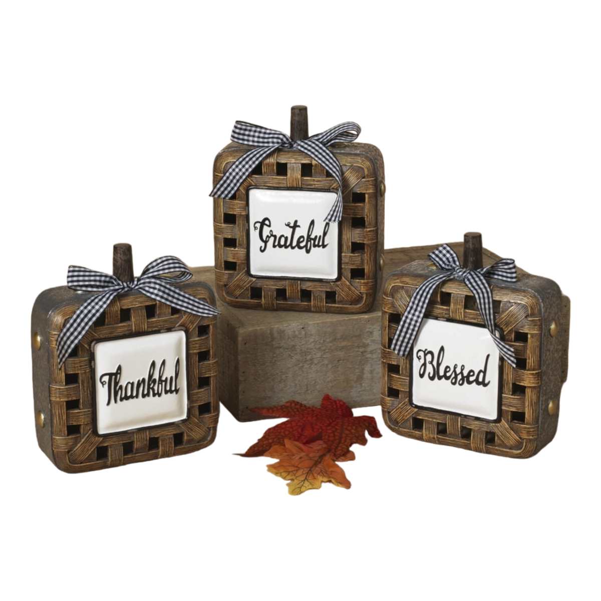 Woven-look Thankful pumpkin accent with gingham bow